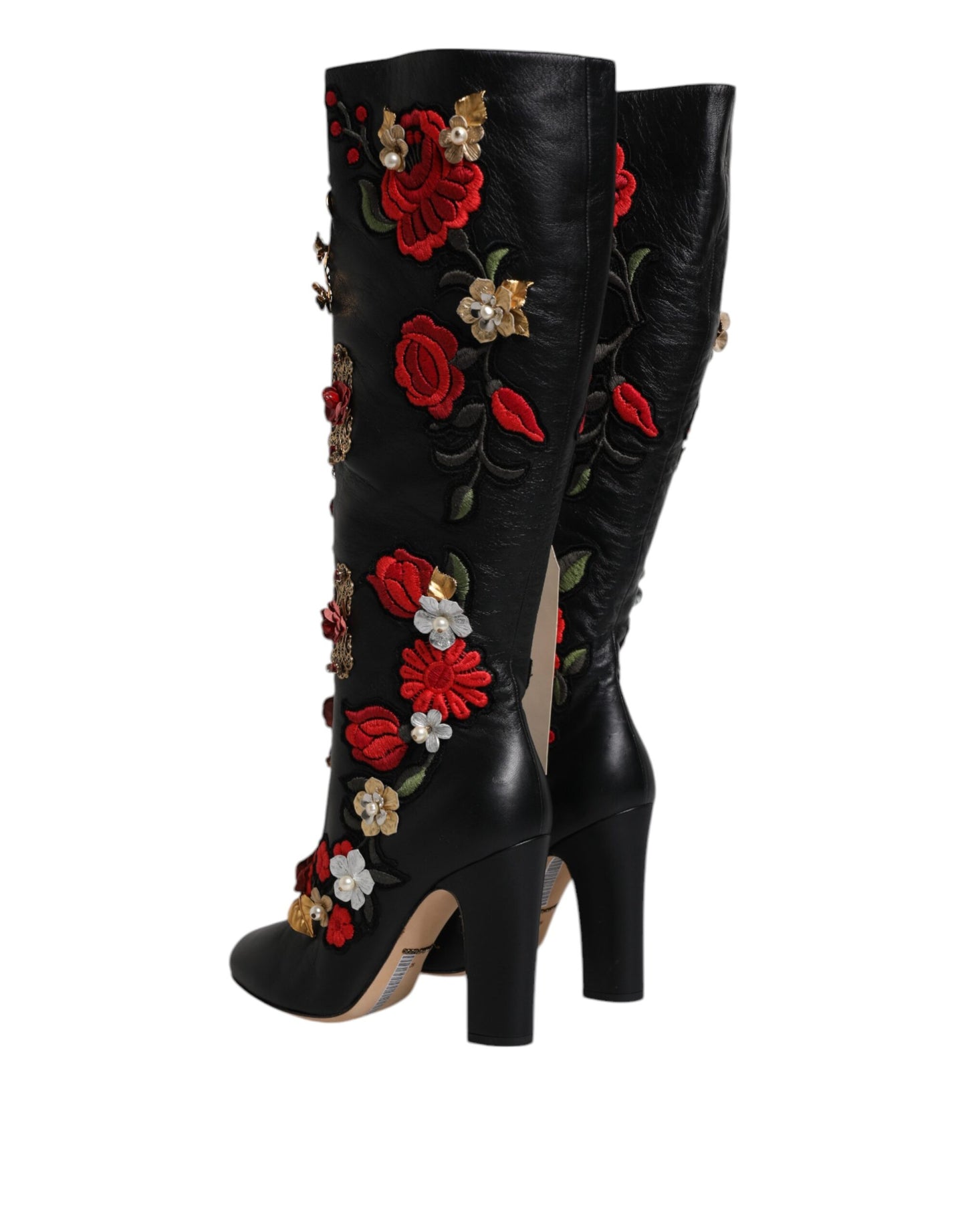Dolce &amp; Gabbana Black Roses Embellished Leather Heel Boots Shoes