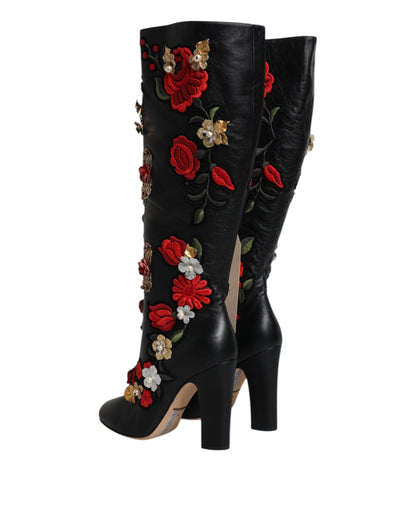 Dolce &amp; Gabbana Black Roses Embellished Leather Heel Boots Shoes