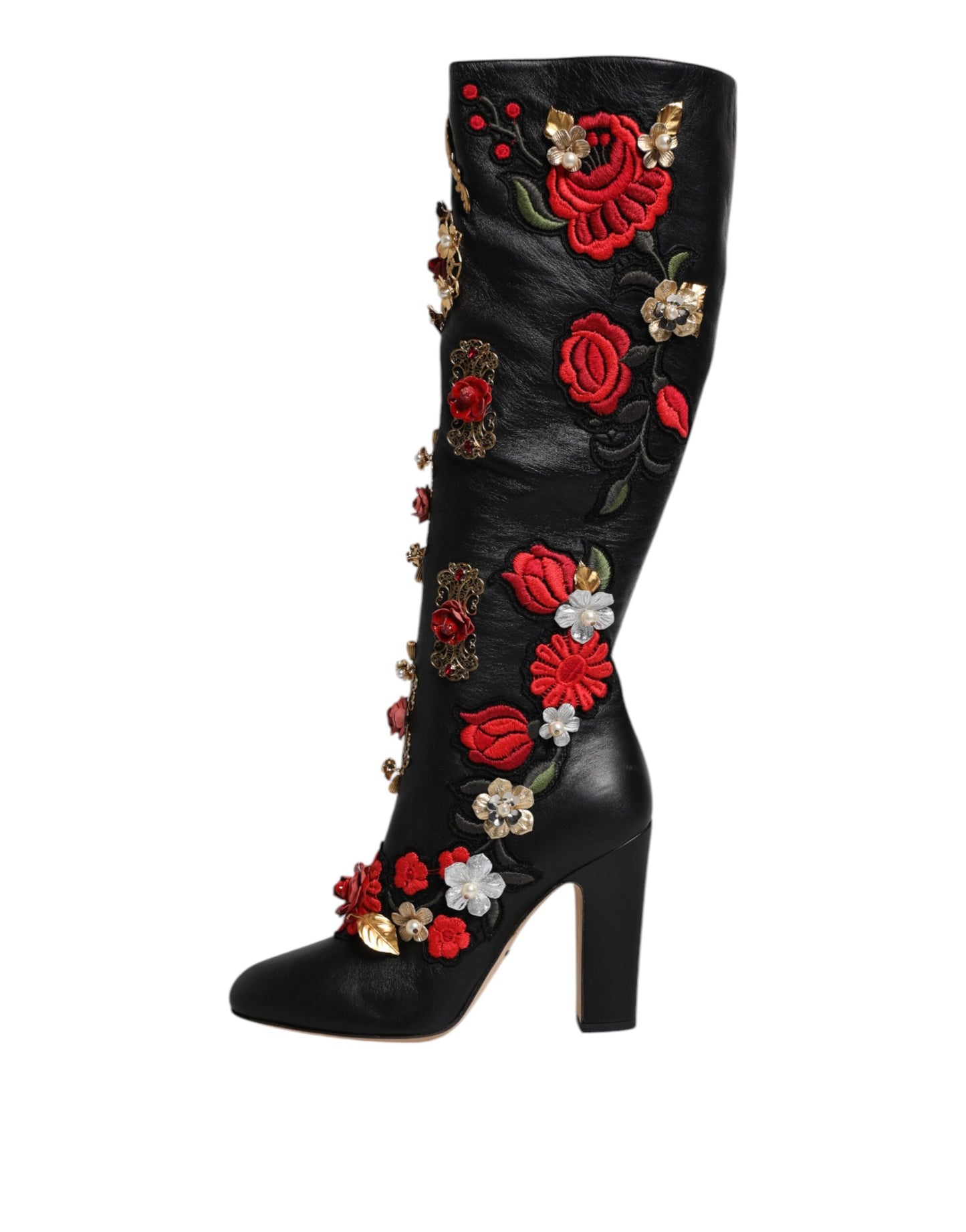 Dolce &amp; Gabbana Black Roses Embellished Leather Heel Boots Shoes