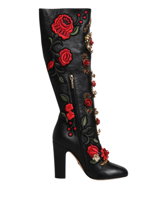 Dolce &amp; Gabbana Black Roses Embellished Leather Heel Boots Shoes