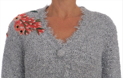 Dolce &amp; Gabbana Silberner Cardigan Pullover mit Blumenapplikation