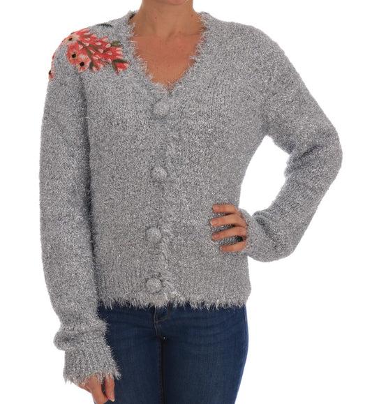 Dolce &amp; Gabbana Silberner Cardigan Pullover mit Blumenapplikation