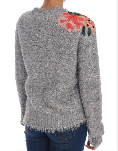 Dolce &amp; Gabbana Silberner Cardigan Pullover mit Blumenapplikation