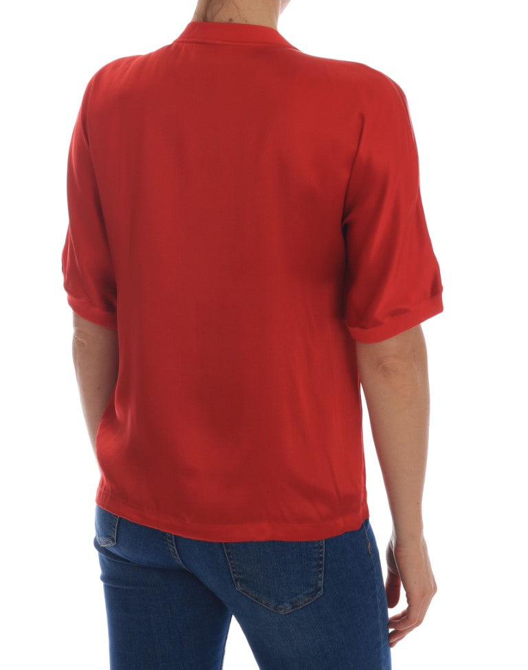 Dolce &amp; Gabbana Rote Seidenbluse mit orangefarbenem Blumenmuster und Kristallen