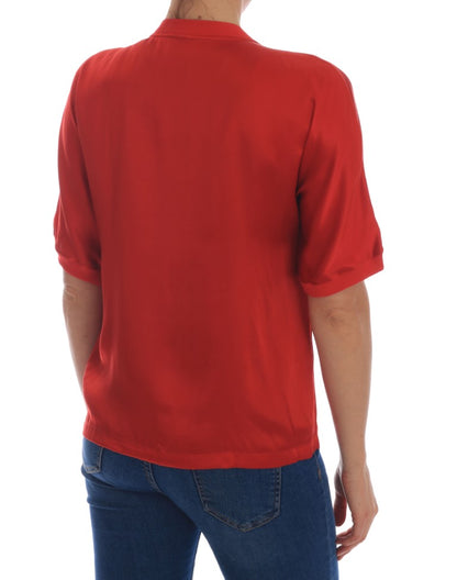 Dolce &amp; Gabbana Rote Seidenbluse mit orangefarbenem Blumenmuster und Kristallen