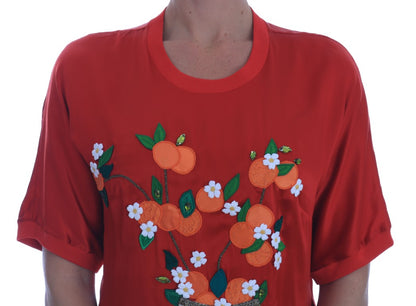 Dolce &amp; Gabbana Rote Seidenbluse mit orangefarbenem Blumenmuster und Kristallen