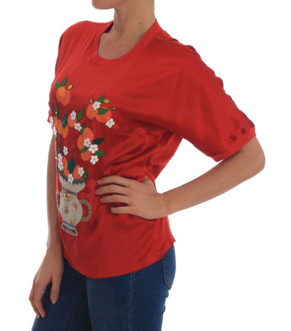 Dolce &amp; Gabbana Rote Seidenbluse mit orangefarbenem Blumenmuster und Kristallen