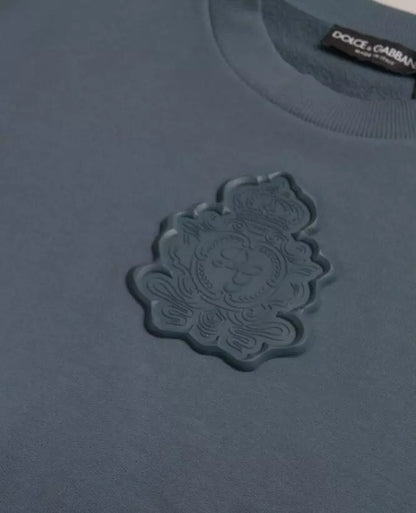 Dolce &amp; Gabbana Blue Cotton Logo Patch Crew Neck Men Pullover Sweater