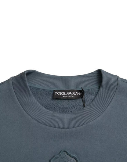 Dolce &amp; Gabbana Blue Cotton Logo Patch Crew Neck Men Pullover Sweater