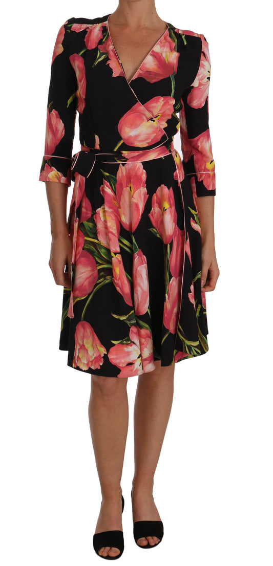 Dolce &amp; Gabbana – Stretch-Etuikleid mit schwarzem und rosa Tulpendruck
