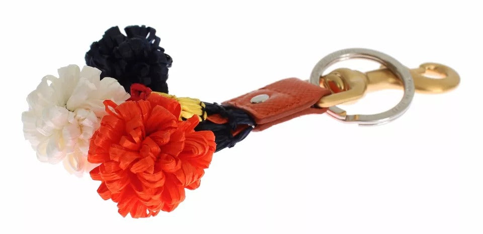 Dolce &amp; Gabbana Brown Gold Raffia Leather Clasp Finder Chain Keyring