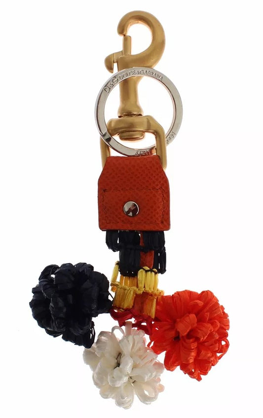 Dolce &amp; Gabbana Brown Gold Raffia Leather Clasp Finder Chain Keyring