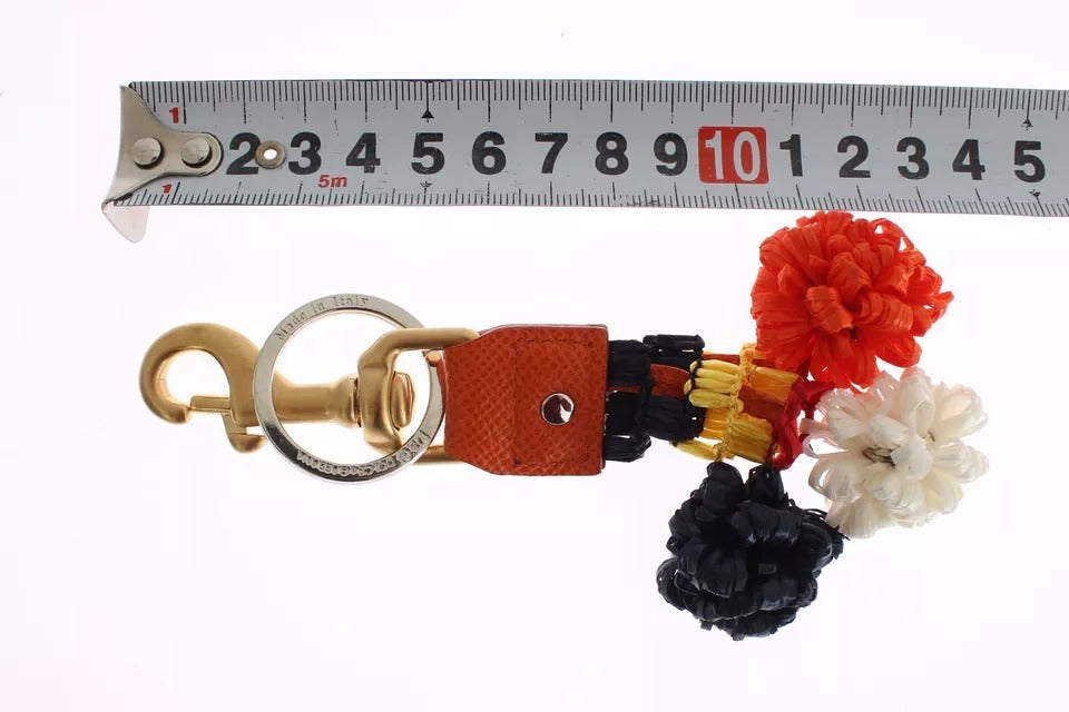 Dolce &amp; Gabbana Brown Gold Raffia Leather Clasp Finder Chain Keyring