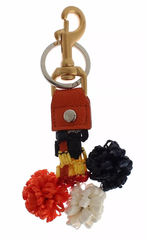 Dolce &amp; Gabbana Brown Gold Raffia Leather Clasp Finder Chain Keyring