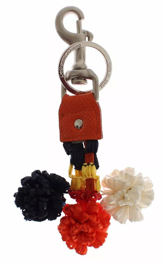 Dolce &amp; Gabbana Silver Brown Raffia Leather Clasp Finder Chain Keyring