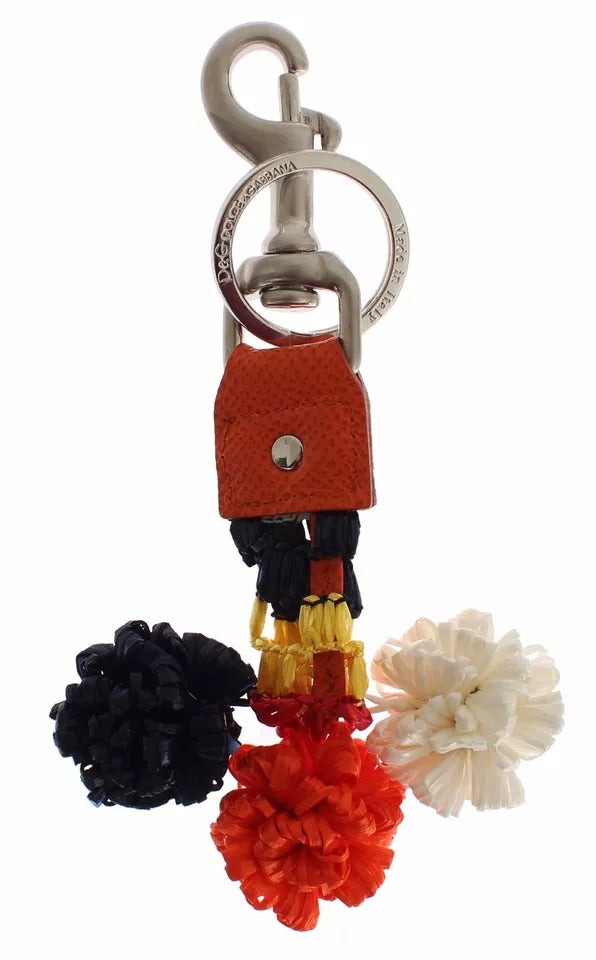 Dolce &amp; Gabbana Silver Brown Raffia Leather Clasp Finder Chain Keyring
