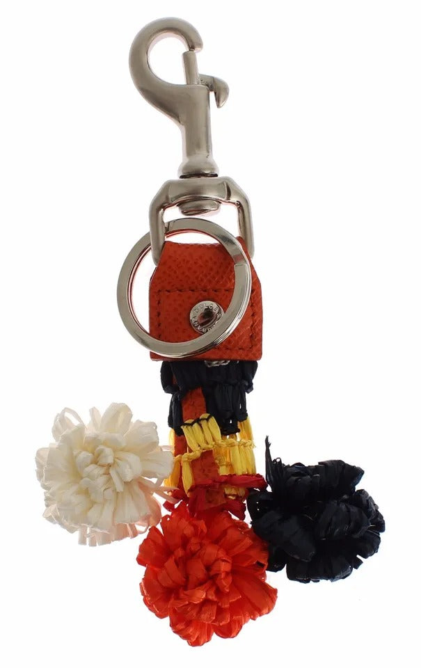 Dolce &amp; Gabbana Silver Brown Raffia Leather Clasp Finder Chain Keyring