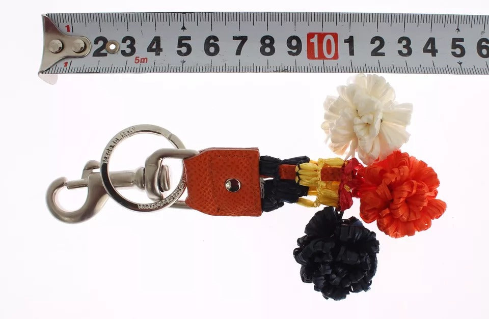 Dolce &amp; Gabbana Silver Brown Raffia Leather Clasp Finder Chain Keyring