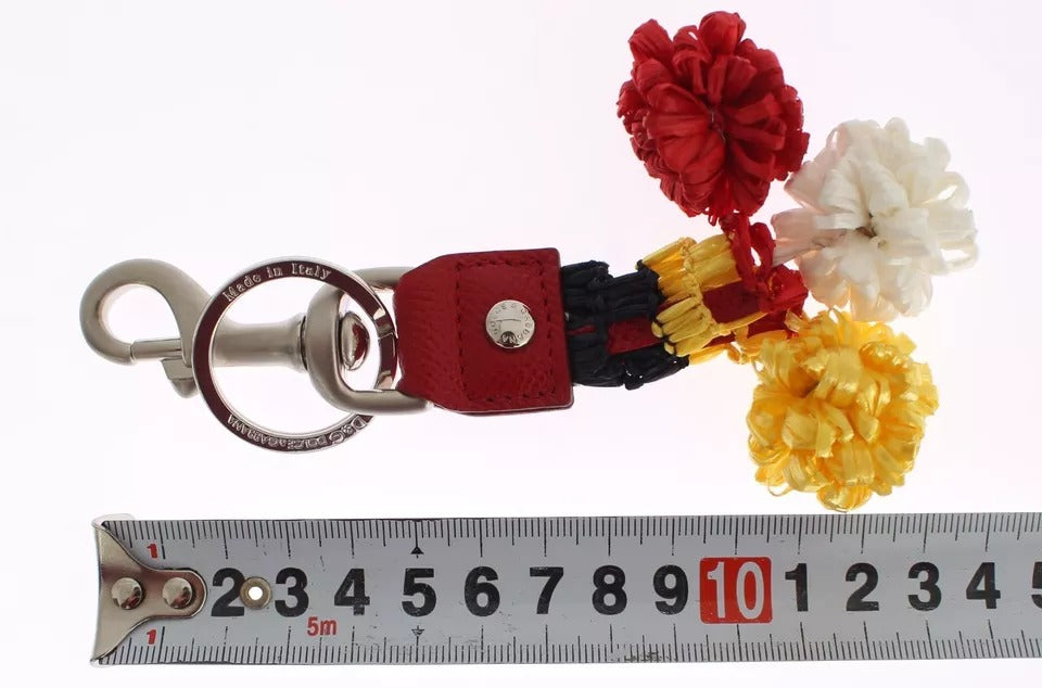 Dolce &amp; Gabbana Silver Brown Raffia Leather Clasp Finder Chain Keyring