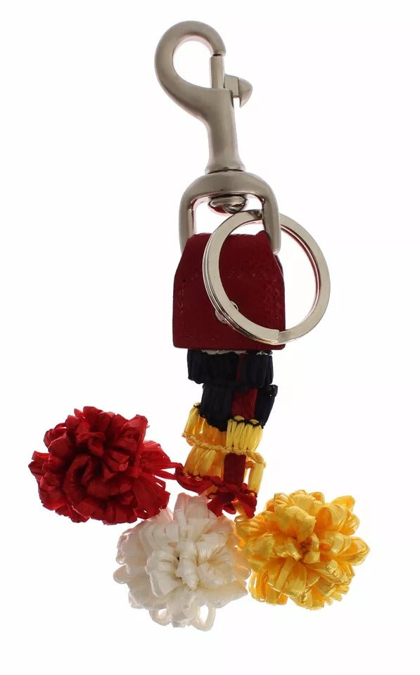 Dolce &amp; Gabbana Silver Brown Raffia Leather Clasp Finder Chain Keyring