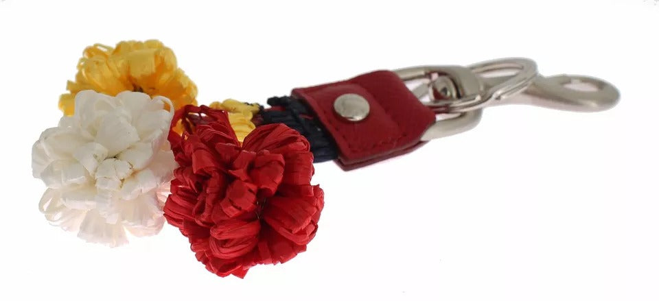 Dolce &amp; Gabbana Silver Brown Raffia Leather Clasp Finder Chain Keyring