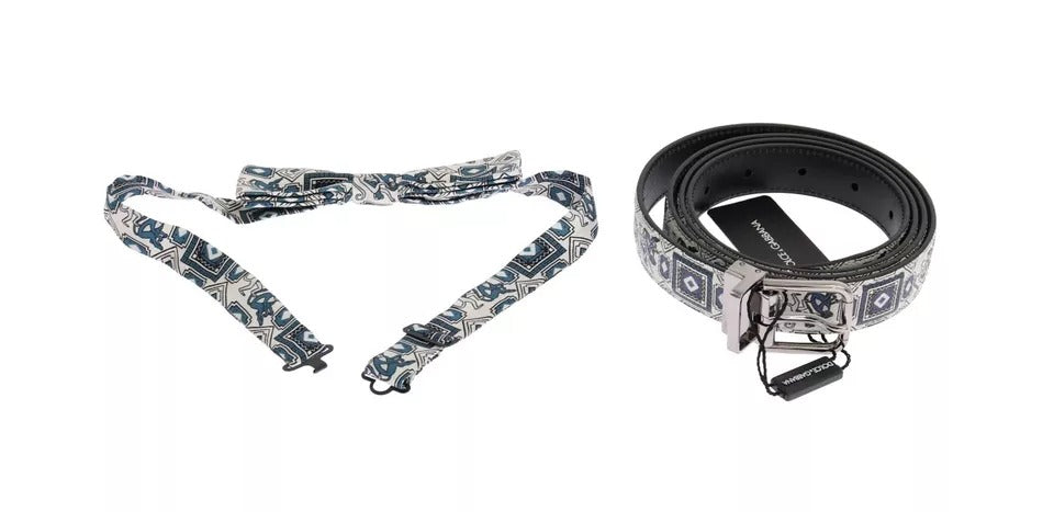Dolce &amp; Gabbana White Blue Silk Bowtie Leather Belt Gift Box Set