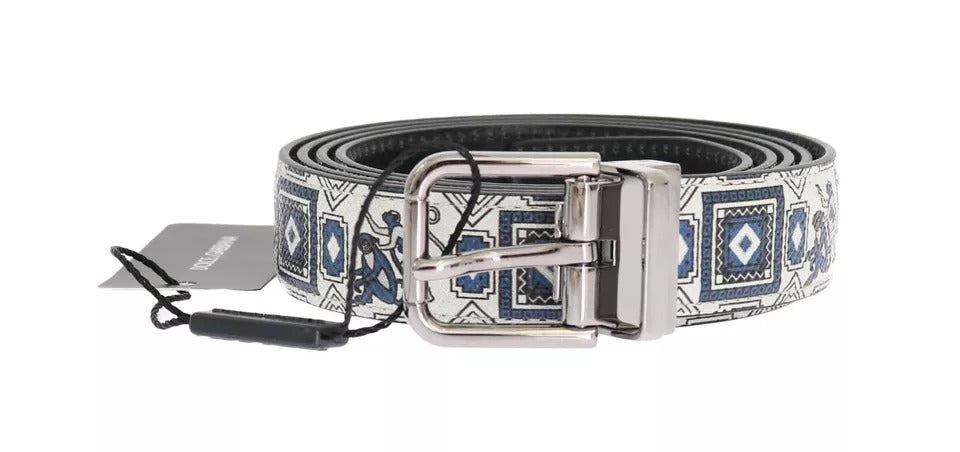 Dolce &amp; Gabbana White Blue Silk Bowtie Leather Belt Gift Box Set