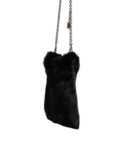 Dolce &amp; Gabbana – Umhängetasche mit silberner Kette und Kunstfell in Schwarz
