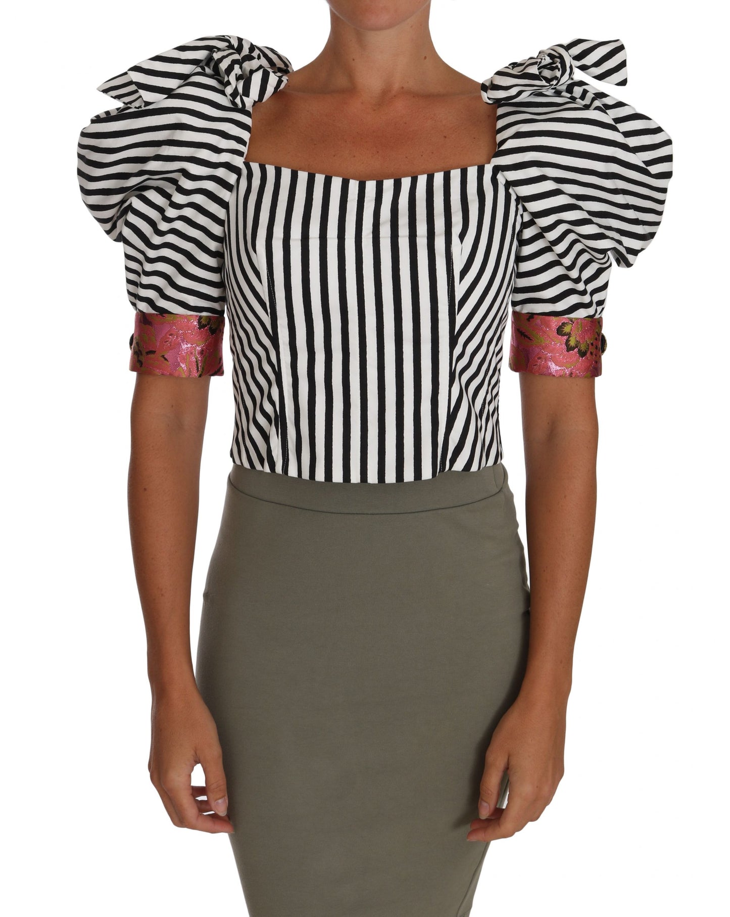 Dolce &amp; Gabbana – Weißes, schwarz gestreiftes Crop-Top mit Puffärmeln