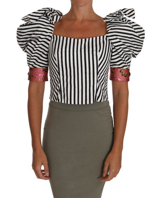 Dolce &amp; Gabbana – Weißes, schwarz gestreiftes Crop-Top mit Puffärmeln