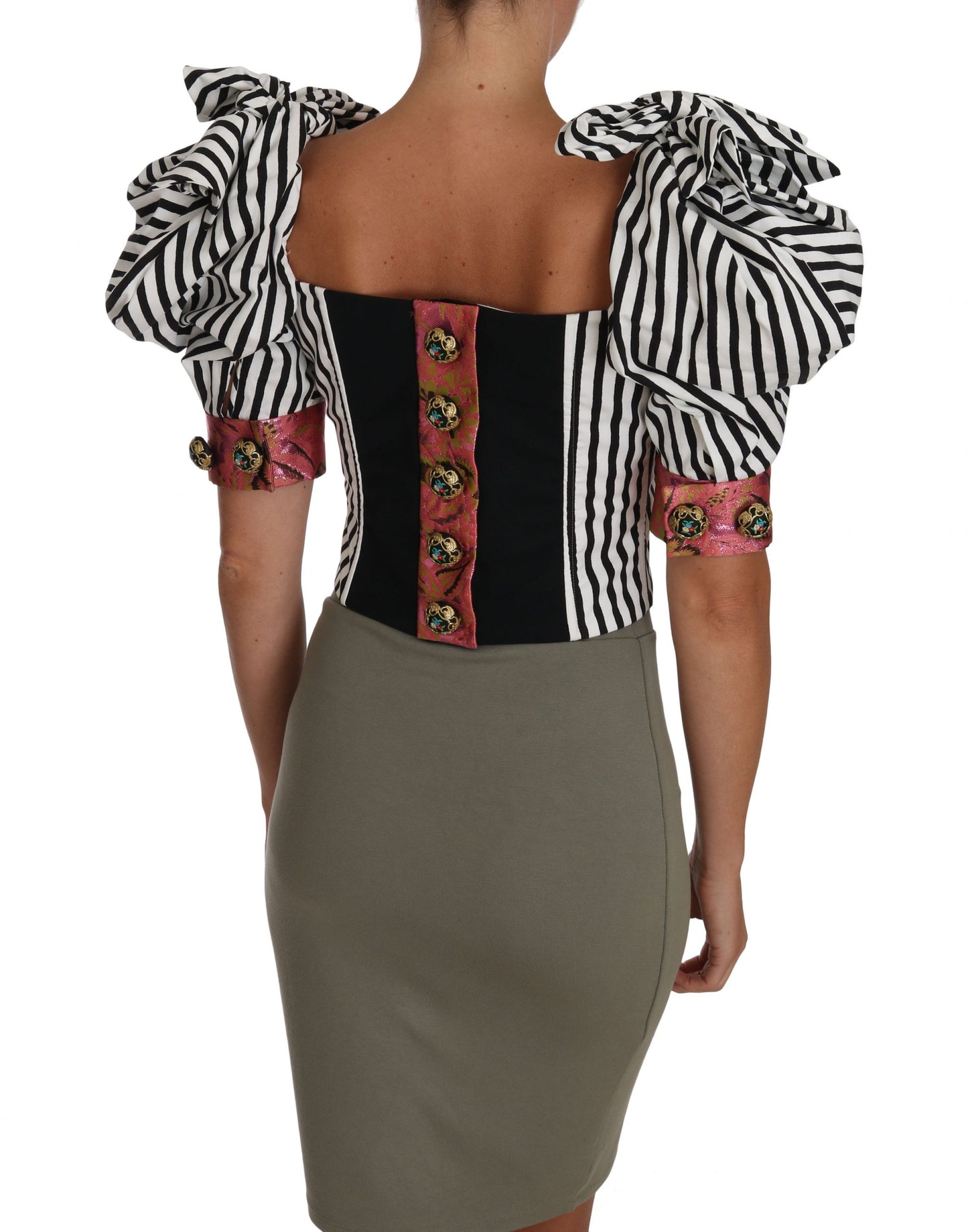 Dolce &amp; Gabbana – Weißes, schwarz gestreiftes Crop-Top mit Puffärmeln