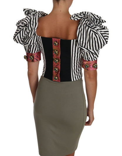 Dolce &amp; Gabbana – Weißes, schwarz gestreiftes Crop-Top mit Puffärmeln
