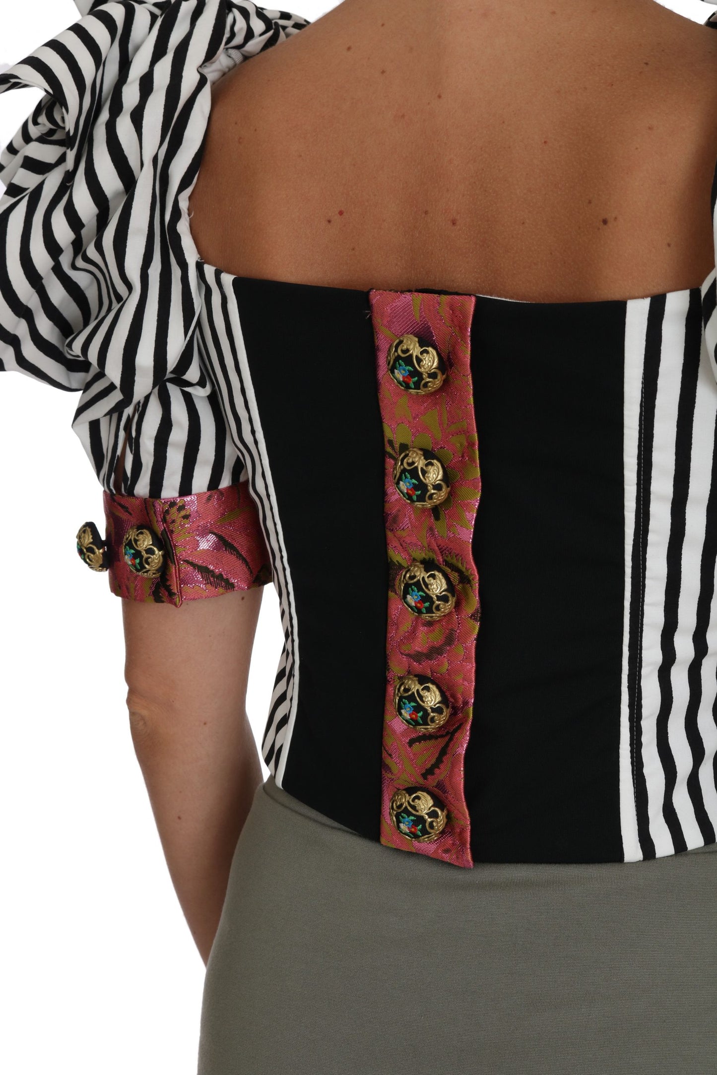 Dolce &amp; Gabbana – Weißes, schwarz gestreiftes Crop-Top mit Puffärmeln