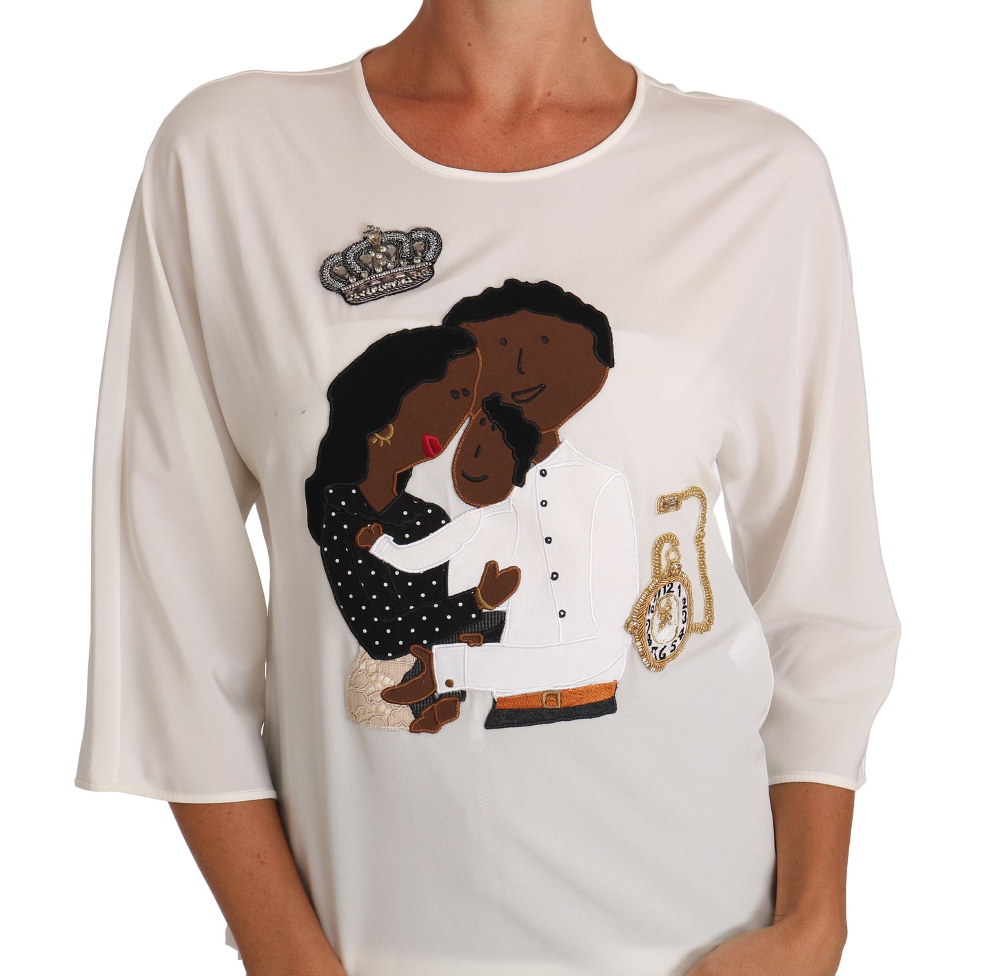 Dolce &amp; Gabbana Weißes Seiden-T-Shirt #dgfamily mit Kristallen