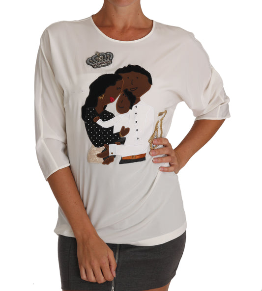 Dolce &amp; Gabbana Weißes Seiden-T-Shirt #dgfamily mit Kristallen