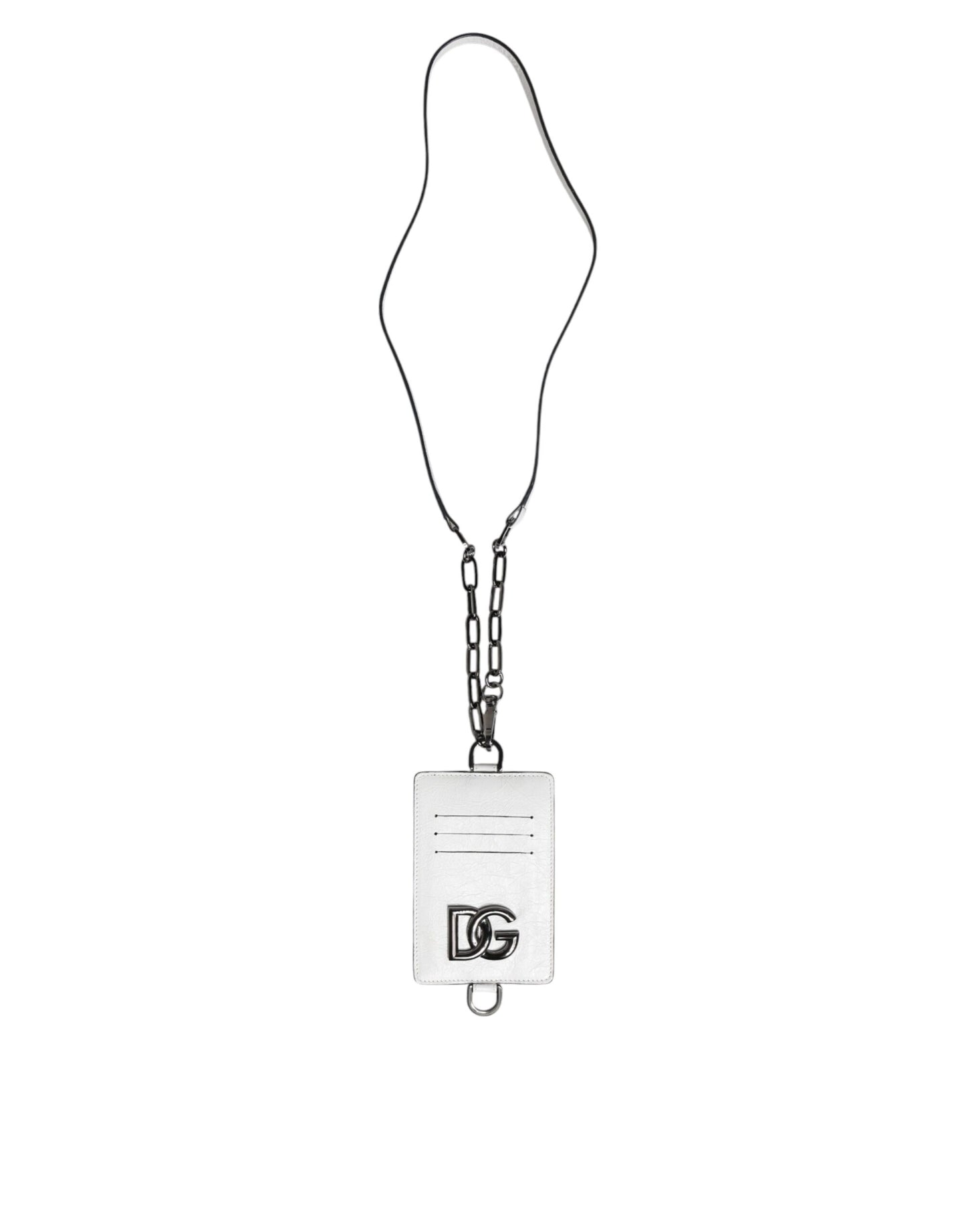 Dolce &amp; Gabbana White Calf Leather Lanyard Logo Card Holder Wallet