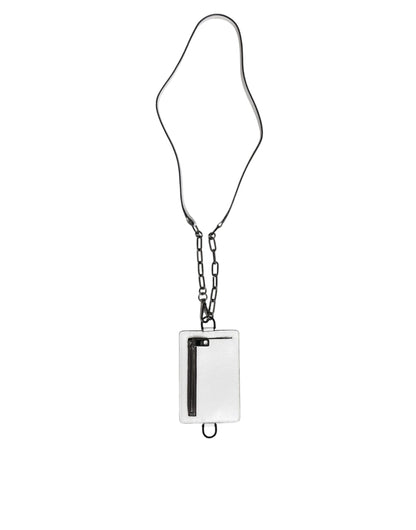 Dolce &amp; Gabbana White Calf Leather Lanyard Logo Card Holder Wallet