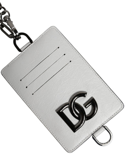 Dolce &amp; Gabbana White Calf Leather Lanyard Logo Card Holder Wallet