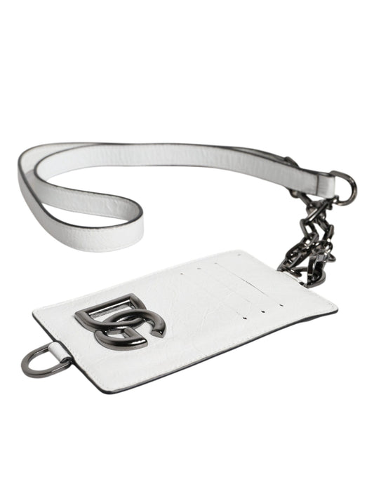 Dolce &amp; Gabbana White Calf Leather Lanyard Logo Card Holder Wallet