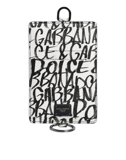 Dolce &amp; Gabbana White Leather Lanyard Logo Print Card Holder Wallet