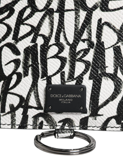 Dolce &amp; Gabbana White Leather Lanyard Logo Print Card Holder Wallet