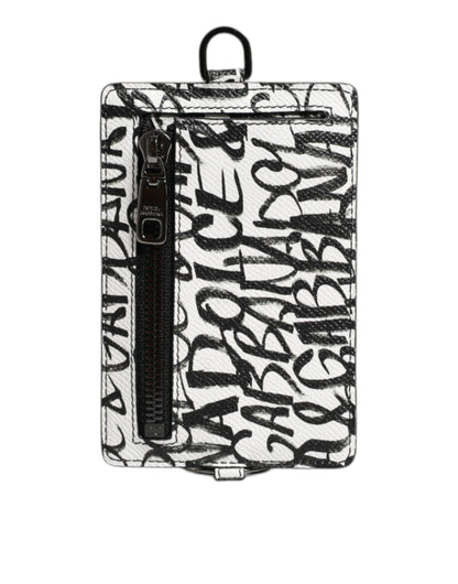 Dolce &amp; Gabbana White Leather Lanyard Logo Print Card Holder Wallet