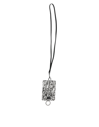 Dolce &amp; Gabbana White Leather Lanyard Logo Print Card Holder Wallet