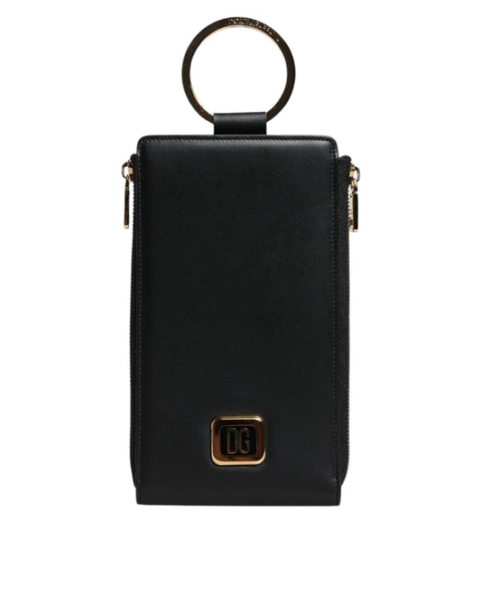 Dolce &amp; Gabbana Black Leather Logo Plaque Neck Strap Card Coin Wallet