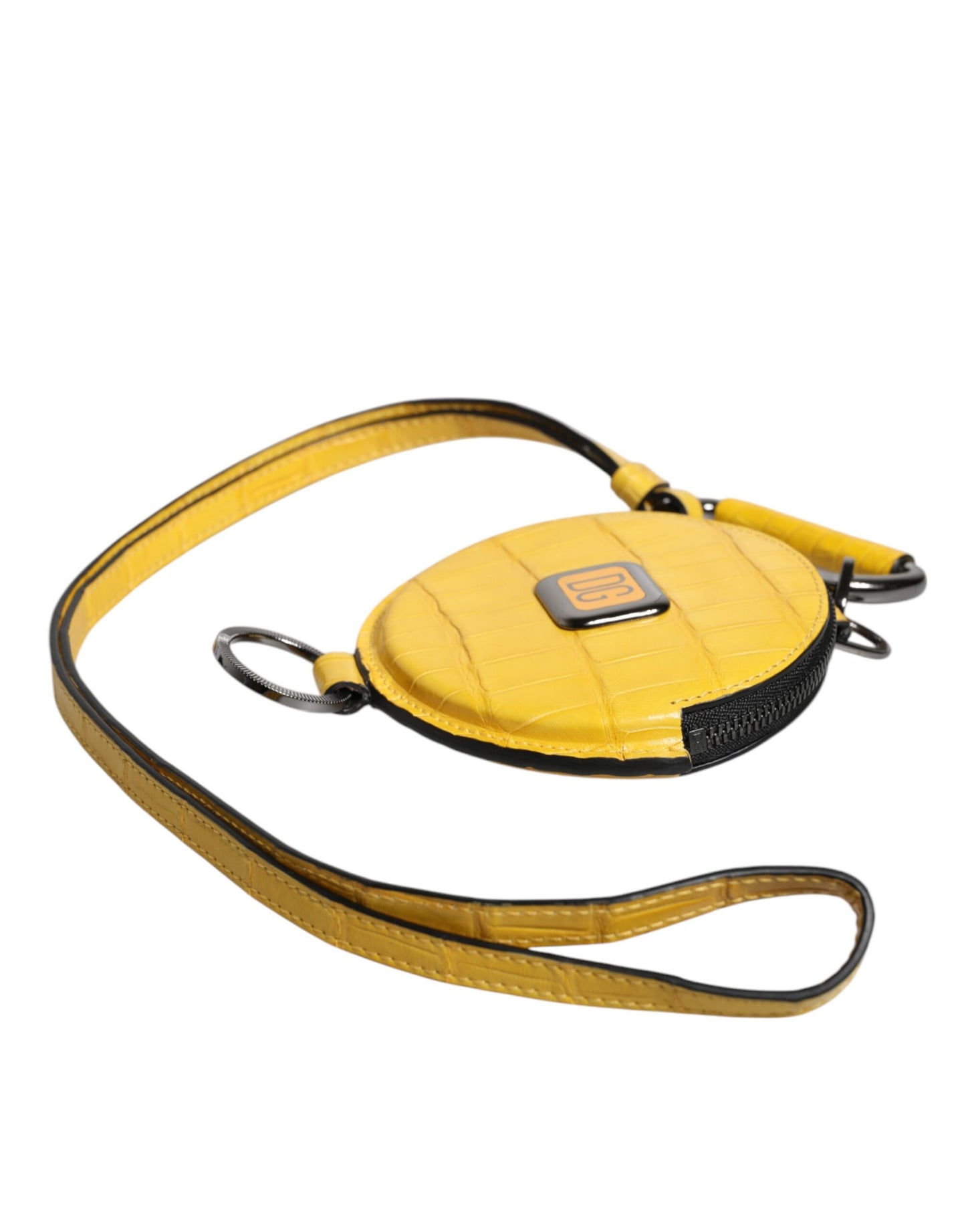 Dolce &amp; Gabbana Yellow Round Leather DG Logo Coin Purse Lanyard Wallet
