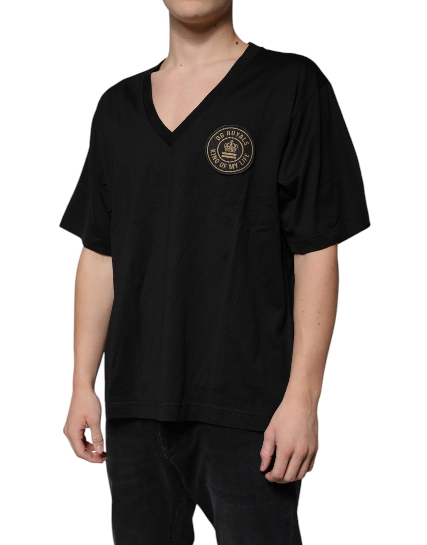 Dolce &amp; Gabbana – Schwarzes, kurzärmliges T-Shirt aus Baumwolle mit V-Ausschnitt und Logo