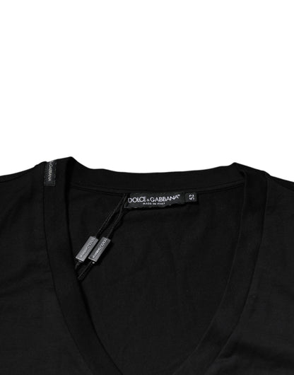 Dolce &amp; Gabbana – Schwarzes, kurzärmliges T-Shirt aus Baumwolle mit V-Ausschnitt und Logo