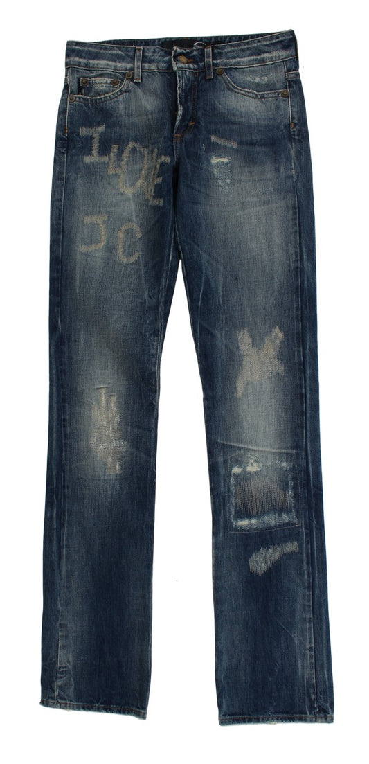Cavalli – Straight Fit-Jeans aus zerrissener Baumwolle in blauer Waschung