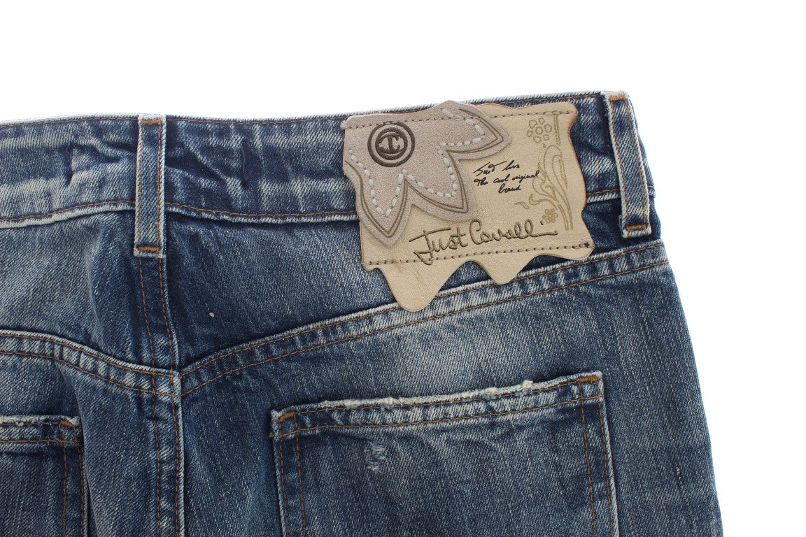 Cavalli – Straight Fit-Jeans aus zerrissener Baumwolle in blauer Waschung