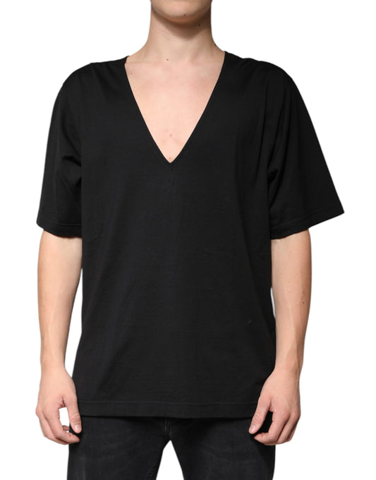 Dolce &amp; Gabbana – Schwarzes T-Shirt aus Baumwolle mit V-Ausschnitt und kurzen Ärmeln